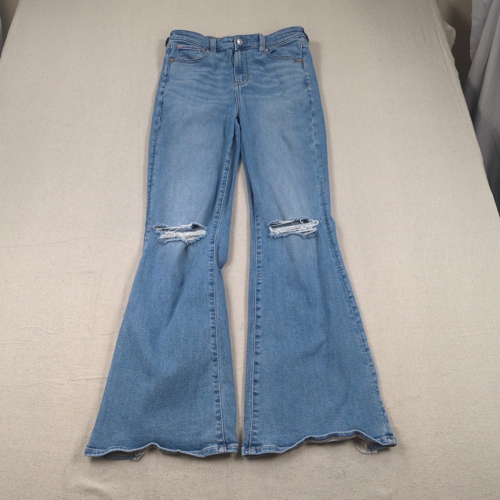American Eagle Jeans Womens 10 Blue Super High Rise Flare Stretch Distressed